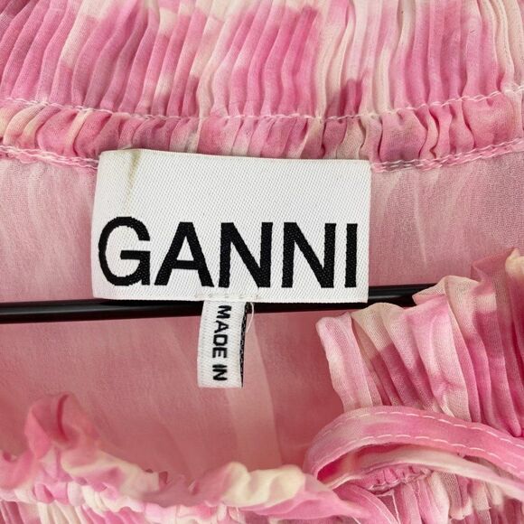 Ganni Floral Print Plisse Balloon Sleeve Georgette Blouse Floral Pink 36 US 0 - Picture 7 of 9